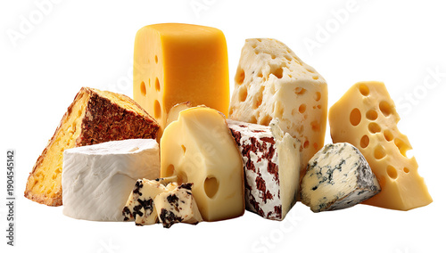 Cheese panorama, many different types of cheeses, a side view on a dark background