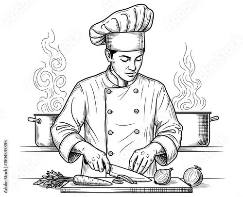 A chef in a kitchen preparing food with steam rising from pots in the background