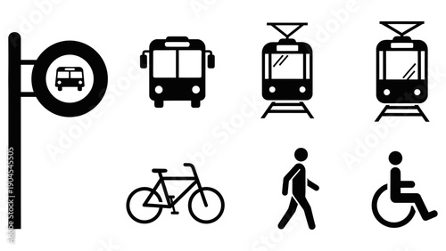 A set of black and white vector icons depicting various public transportation options and accessibility symbols