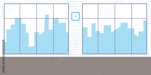 Office room interior flat vector illustration. Cartoon empty creative office workplace environment with modern furniture, table, computer, panoramic window. Inside decor design, workspace background