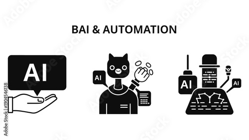 Business artificial intelligence and automation solutions with futuristic interface and robotic technology for enhanced productivity and efficiency in modern workplaces.