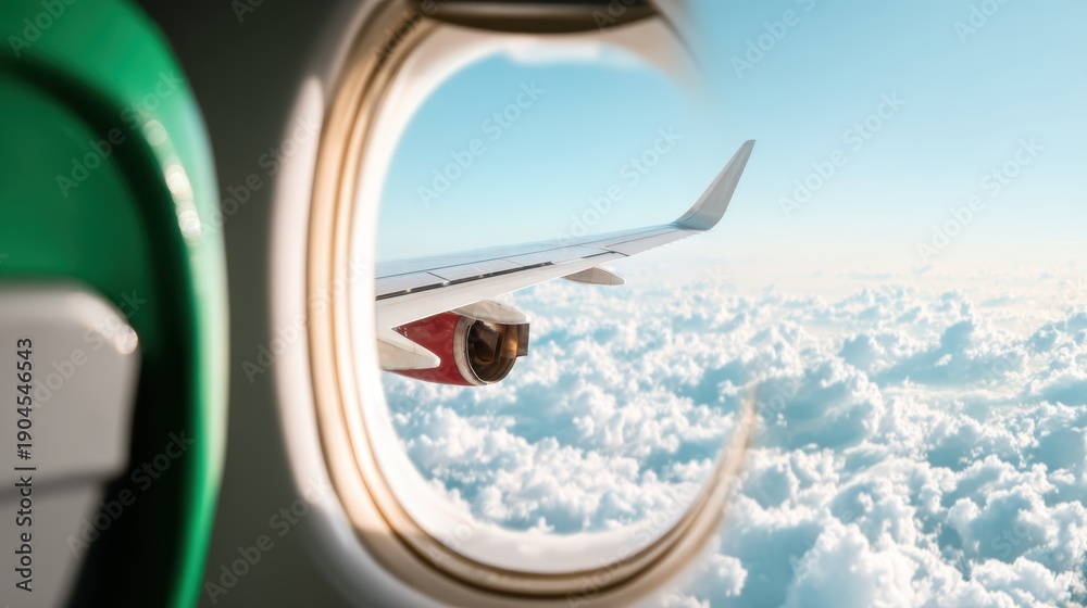Fototapeta premium A stunning aerial view from an airplane window showcasing the beautiful fluffy clouds below and the wing of the aircraft extending towards the sky, inspiring a sense of adventure.