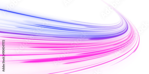 Blue and pink neon trails flow along abstract highways. Light streaks and motion blur create a sense of rapid movement and futuristic technology. PNG perfect for tech backgrounds.