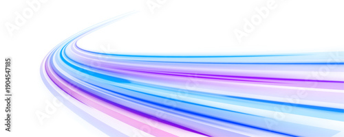 Purple and cyan neon arcs twist across transparent background. Light trails convey speed, motion, and futuristic energy flow. Ideal PNG for digital sci-fi visuals.