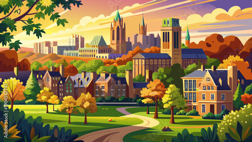 Very beautiful sunny view of Yale University campus surrounded by vibrant greenery, blending historic academic architecture with a peaceful and inspiring outdoor environment.