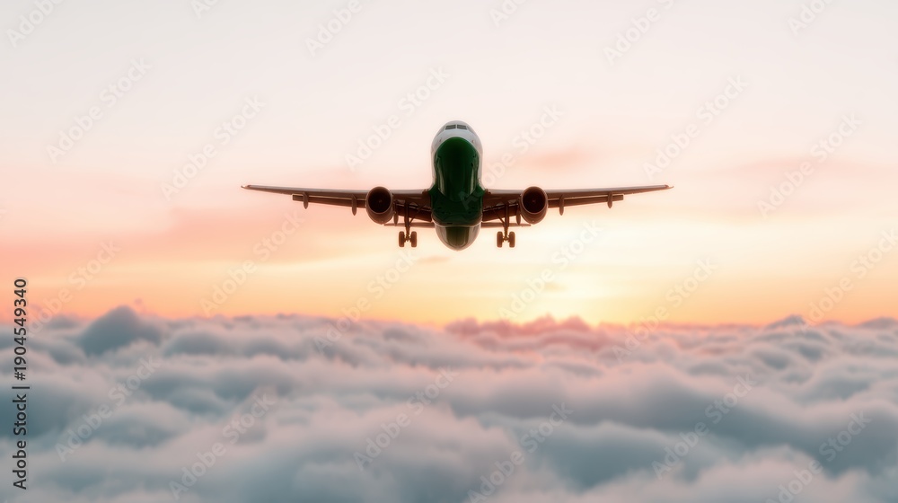 Obraz premium A vibrant airplane soars through a captivating sunset sky, encapsulating the spirit of adventure and the incredible beauty of travel above the fluffy clouds below.