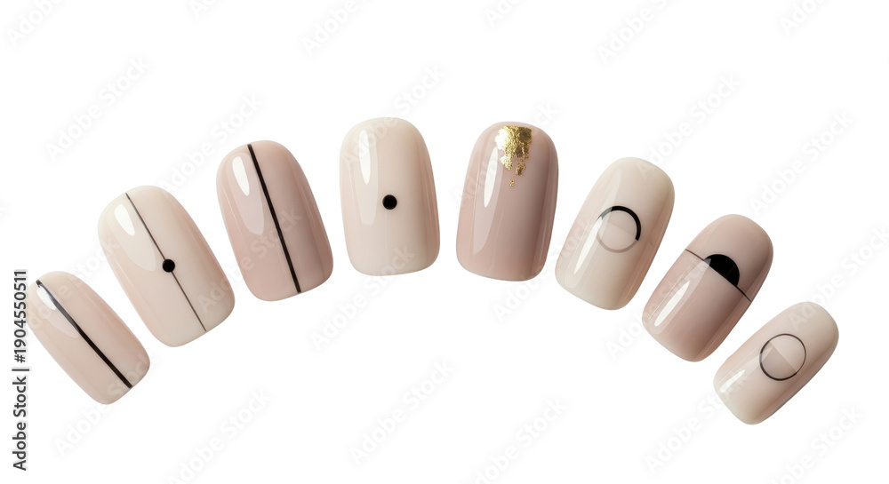 Obraz premium Eight oval-shaped acrylic nails display minimalist beige and nude polish with delicate black lines, dots, and a single gold foil accent. isolated PNG with Transparent Background