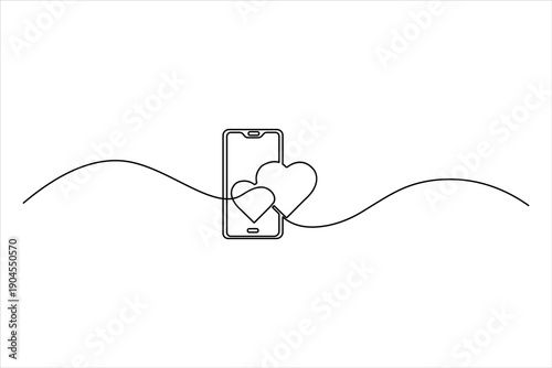 Minimalist continuous one-line drawing of a smartphone with two hearts. Clean vector art representing digital love, dating apps, and connection.