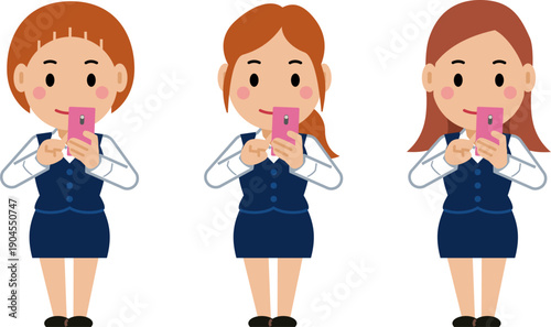 スマホを操作するネイビー事務服の若い女性。その2