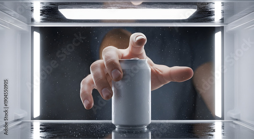 Hand reaching for cold soda can in refrigerator