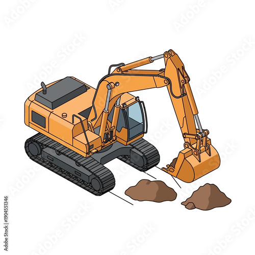Yellow Excavator Digging with Clamshell Bucket on White Background.