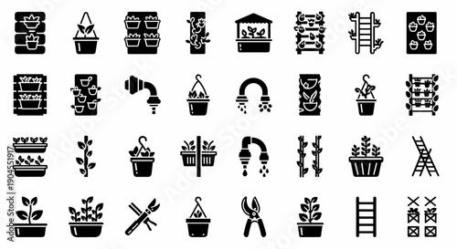 Collection of black gardening icons on white background, showcasing various tools and plants from a straightforward viewpoint