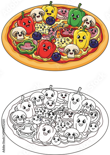 Adorable Cartoon Pizza Featuring Happy Vegetable Toppers Kids' Funny Food Characters Vector Illustration Colorful and Outline Version Menu Coloring and Graphic Design