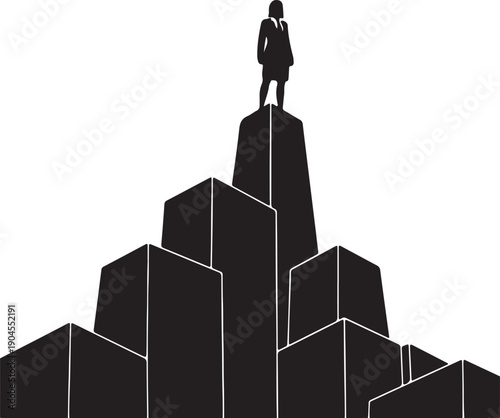 A confident black silhouette of a business woman stands victoriously on the tallest structure made of abstract blocks, symbolizing success and leadership.