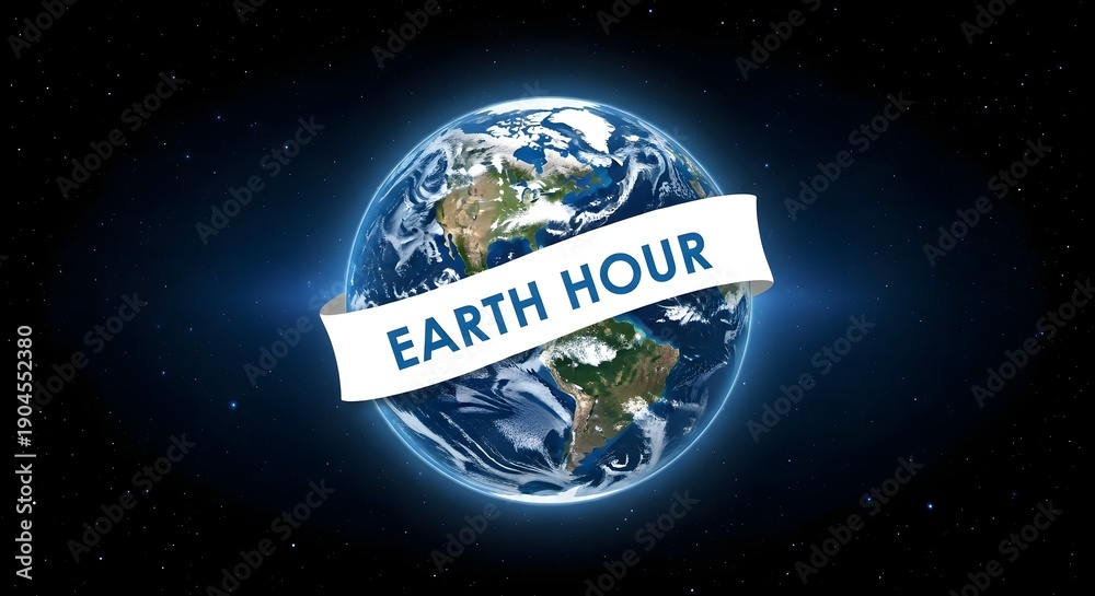 Fototapeta premium The planet Earth, adorned with a white ribbon proclaiming 