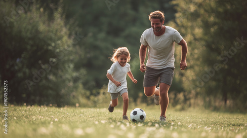A joyful father and young daughter running together on a sunny grass field while playing soccer, capturing a heartwarming moment of family bonding and an active lifestyle.