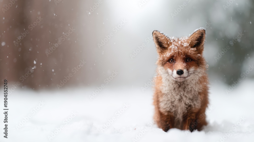 Naklejka premium A beautiful red fox standing gracefully in a snowy landscape, surrounded by gentle flakes of snow, perfectly capturing the tranquility of winter wildlife.