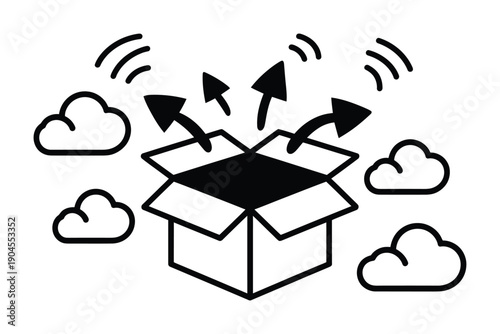 Vector illustration of a box with arrows and clouds indicating wireless data transfer.