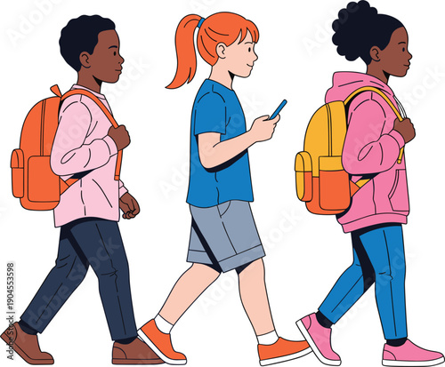 Group of diverse multicultural school children walking in a line with backpacks and a smartphone flat vector illustration.