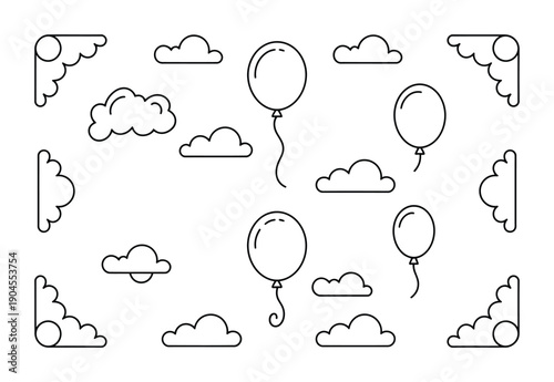 vector illustration features balloons and clouds in a playful design.