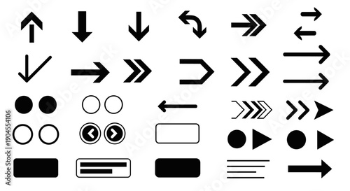 Collection of various vector arrows and geometric shapes in different orientations and styles displayed on a clean white background.