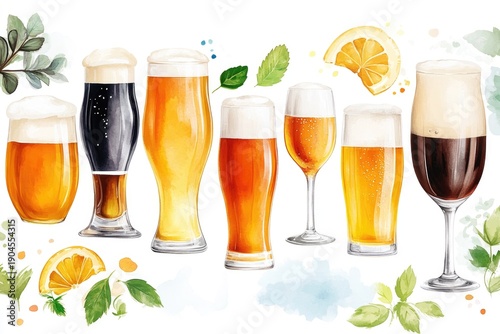 Assorted beer glasses with fresh hops and ingredients set on white background