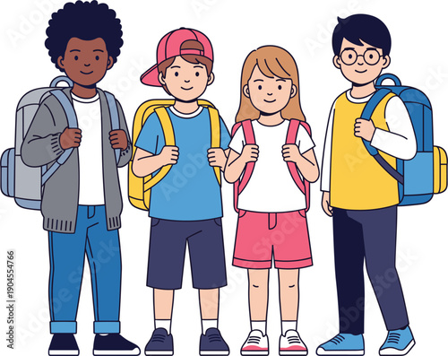 Group of four diverse multicultural primary school children standing together with backpacks and casual clothing vector illustration.