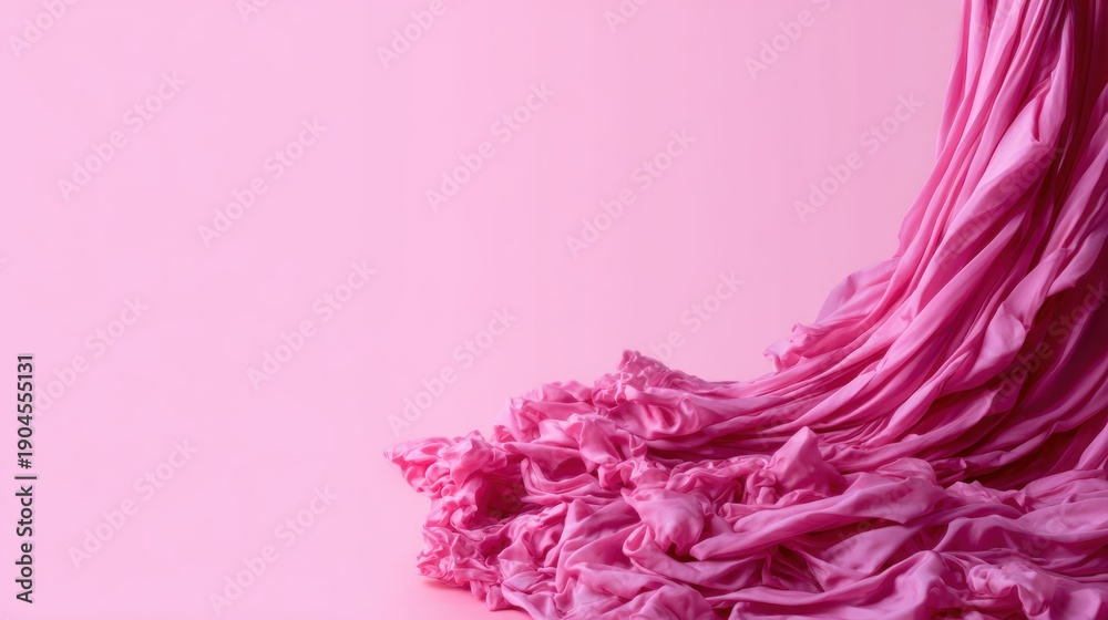 Fototapeta premium An artistic representation of flowing pink fabric cascading elegantly against a soft pink background, showcasing the beauty of textures and color contrasts that evoke emotional responses.