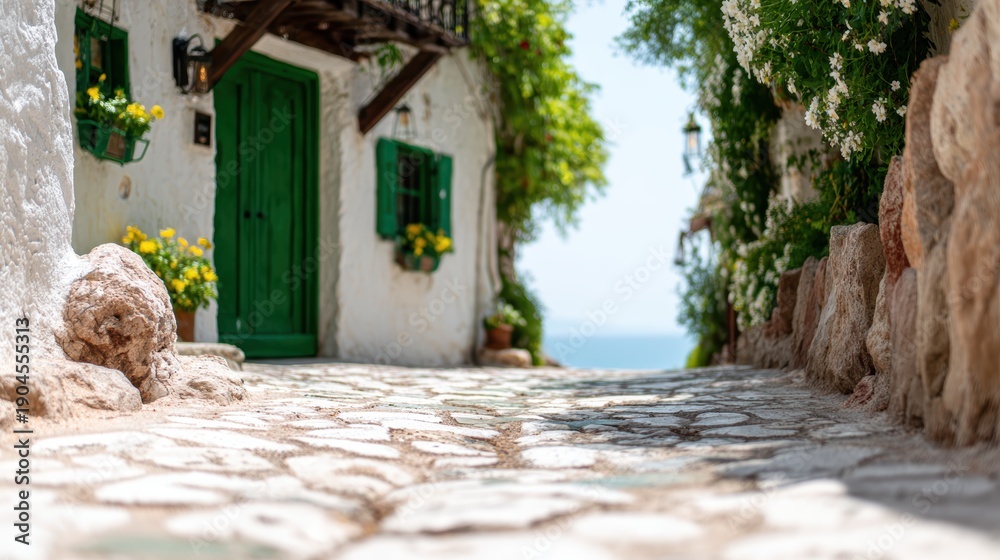 Fototapeta premium A picturesque alleyway adorned with vibrant green doors and blooming flowers, inviting a sense of tranquility and exploration in a quaint, coastal village atmosphere.