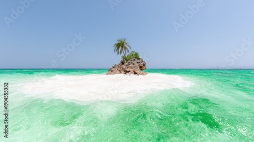 A picturesque tropical island with a single palm tree stands in the vibrant turquoise waters, representing paradise, tranquility, and the beauty of nature’s untouched landscapes.