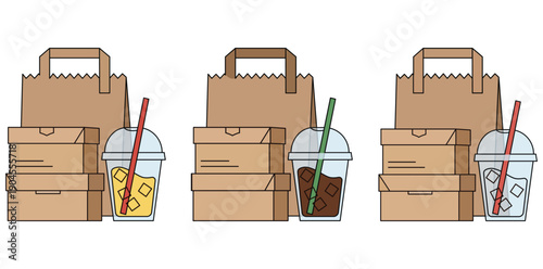Takeout Delight: A trio of takeaway sets presents a tempting array of culinary options, featuring eco-friendly packaging alongside refreshing beverages.