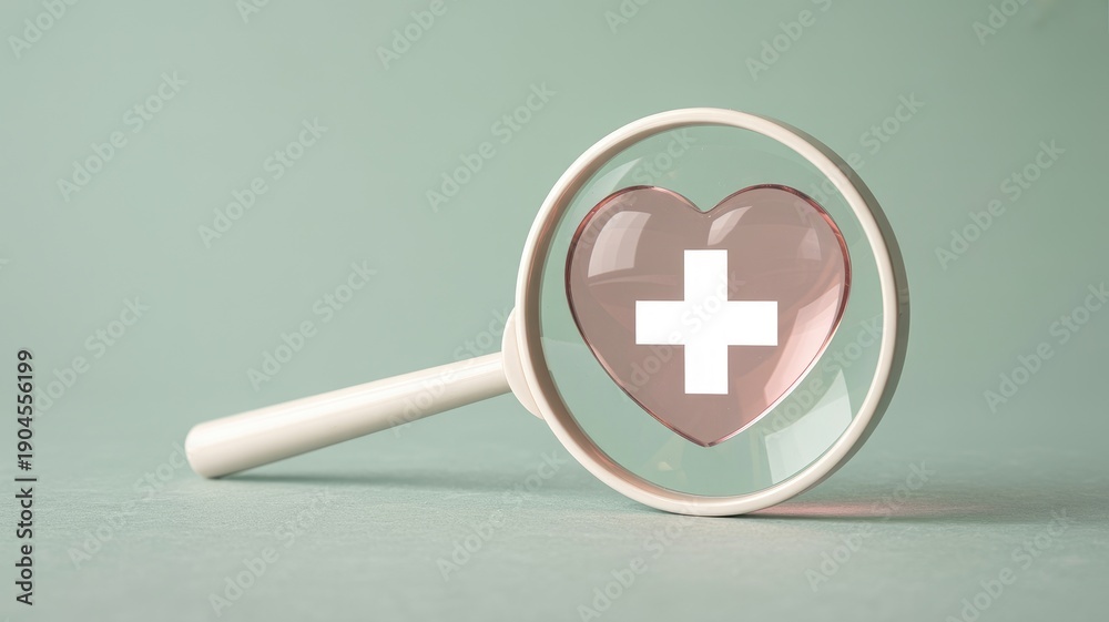 Obraz premium Magnifying glass examines heart with medical cross symbol closely