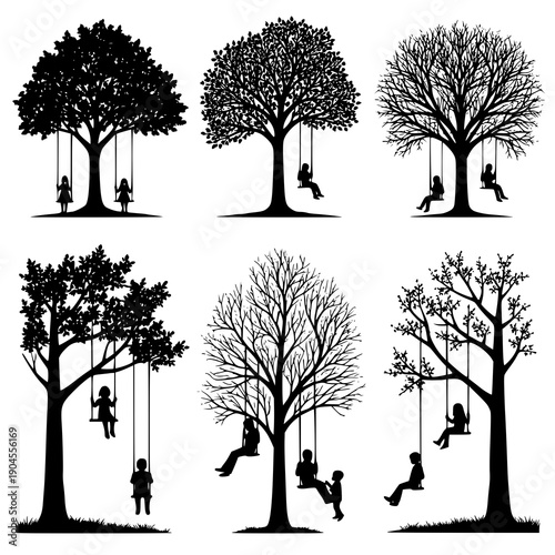 Black tree silhouettes with children on swings nostalgic forest vector set