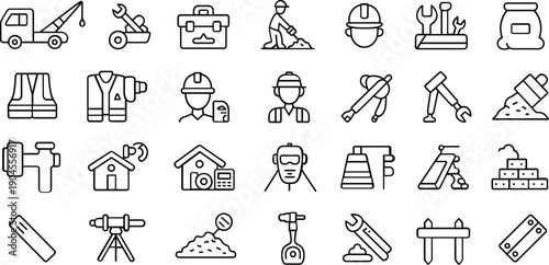 Minimalist Construction Line Icons Set Featuring Tools Heavy Machinery Workers Safety Gear And Engineering Elements For Industrial Building Vector Design