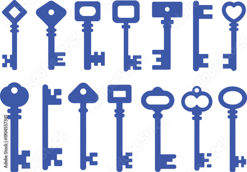 Collection of twelve blue vintage and modern key silhouettes