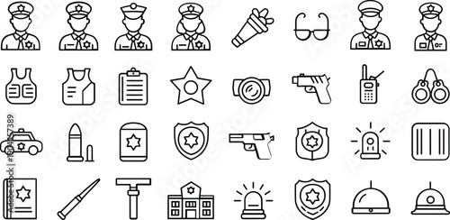 Police And Law Enforcement Line Icons Set Featuring Officers Weapons Badges Car And Security Gear For Crime Prevention Vector Design