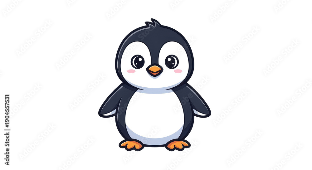 Obraz premium Cute cartoon baby penguin with black and white feathers, orange beak and feet, standing illustration isolated PNG with Transparent Background