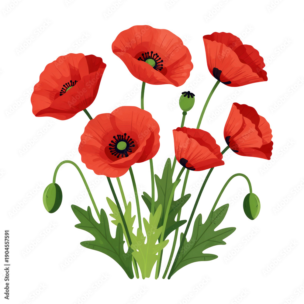 Obraz premium Bouquet of Red Poppies With Green Stems