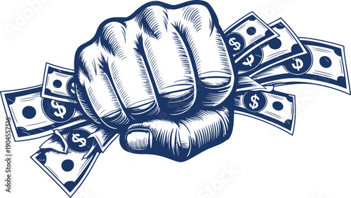 Blue fist holding dollar bills and coins hand money