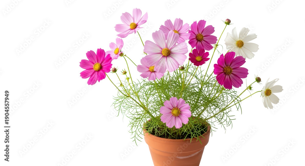 Naklejka premium Pink, purple, and white cosmos flowers in a terracotta pot, vibrant floral arrangement, isolated PNG with Transparent Background