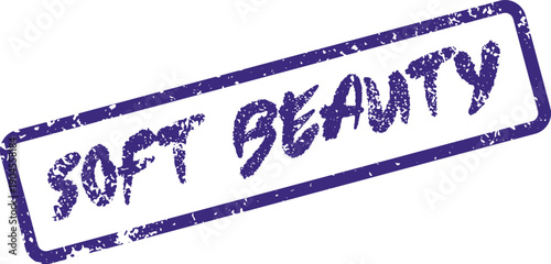 Gentle purple rubber stamp impression featuring the elegant words SOFT BEAUTY for cosmetics and skincare