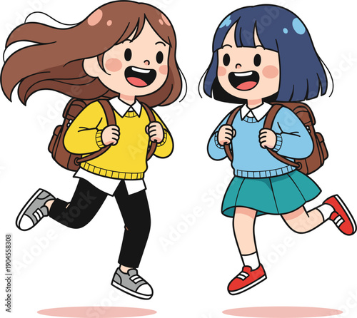 Two happy young girls jumping with joy while wearing school sweaters and backpacks in flat vector illustration style.