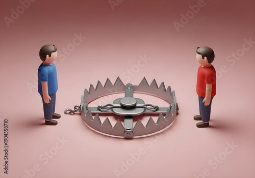 Business Trap Warning: 3D miniature people standing near sharp metal bear trap, financial risk, competitive danger, corporate hazard, strategic mistake and caution concept