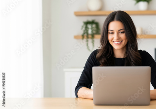 Free Download Remote work freelancer reviewing client messages at a home workspace, smiling woman managing project updates and service inquiries for flexible telecommuting, planning and scheduling - GFXLoad