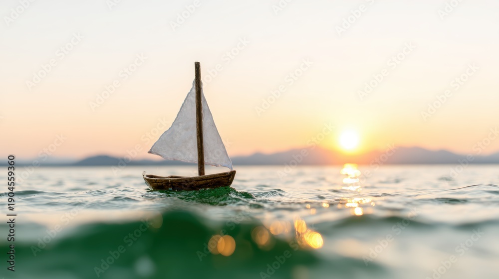 Fototapeta premium A small wooden sailboat with a white sail floats on calm waters as the sun sets, creating a picturesque and serene scene of peace and tranquility on the coast.