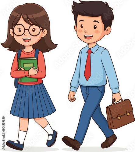 Two smiling young students walking together, girl with glasses holding a notebook and boy with a tie carrying a briefcase vector.