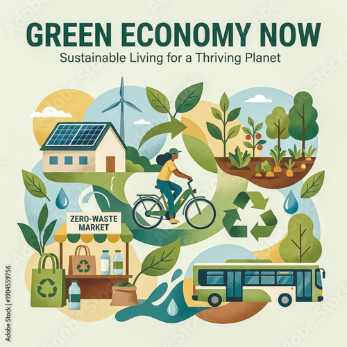 Colorful flat illustration of green economy concepts. Depicts sustainable living with renewable energy, a zero-waste market, and eco transportation.. Vector illustration