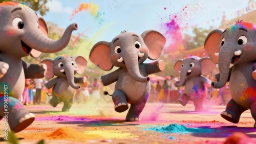 Elephant Herd Celebrating Holi Festival In Street, Colorful Powder Bursts And Dancing Trunks, Cheering Crowd And Flags, Vibrant Energetic Parade With Joyful Movement And Family Excitement.