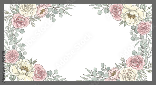 Floral Corner Frame - Pastel Roses and Peonies, Watercolor Style