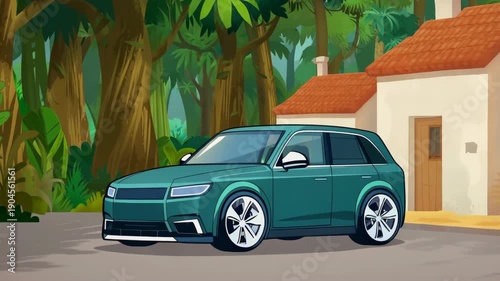 Cartoon teal suv parked near tropical forest and rural house animation vehicle illustration with exotic trees exterior animated scene with modern car design